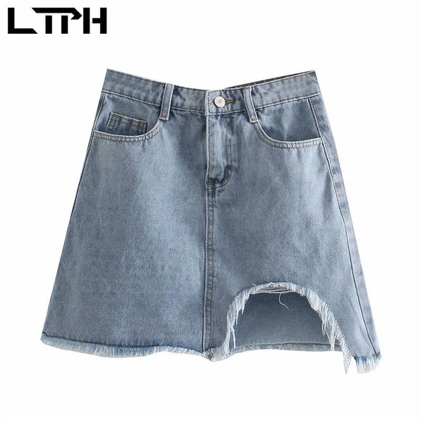 

vintage irregular burrs distressed denim skirt women high waist package hip casual a-line skirts summer 210427, Black
