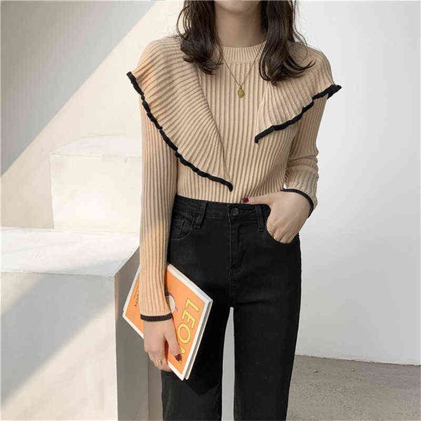 

hzirip ol basic bottoming knit sweater 2021 new korean style flounced stitching pullover sweaters slim warm thick knitted y1110, White;black