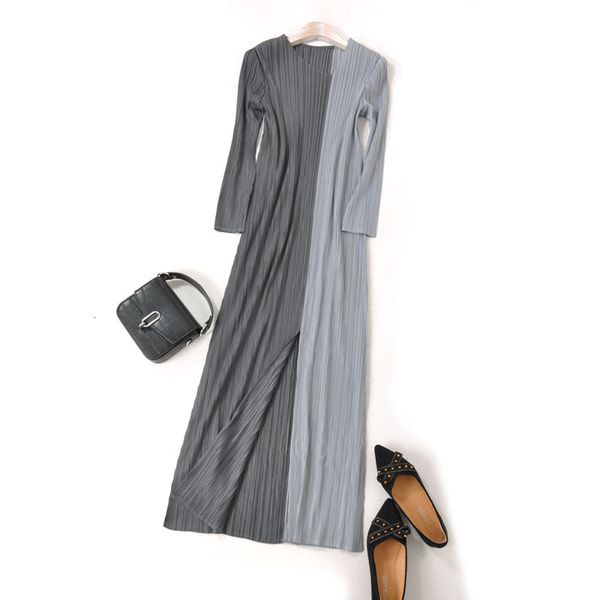 

dress miyake fold patchwork v-neck long sleeve, Black;gray