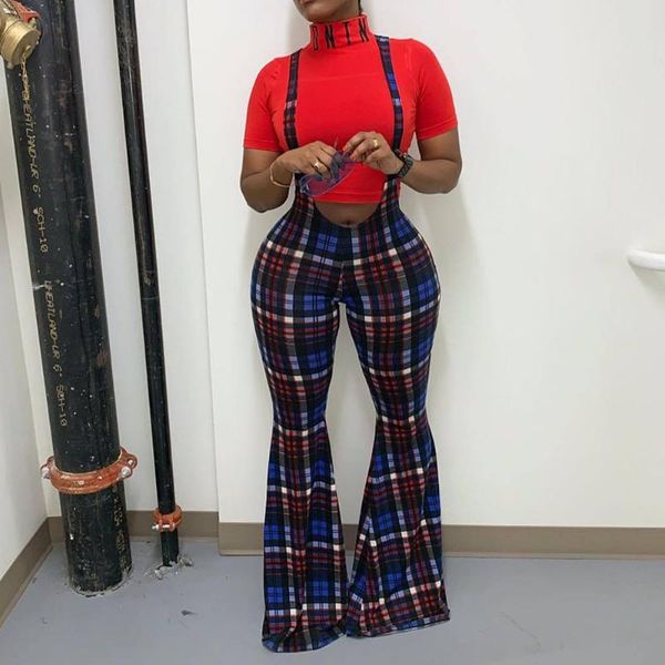 

women's jumpsuits & rompers fashion women plaid overalls boot cut office lady elegant retro flare trousers casual street harajuku long, Black;white