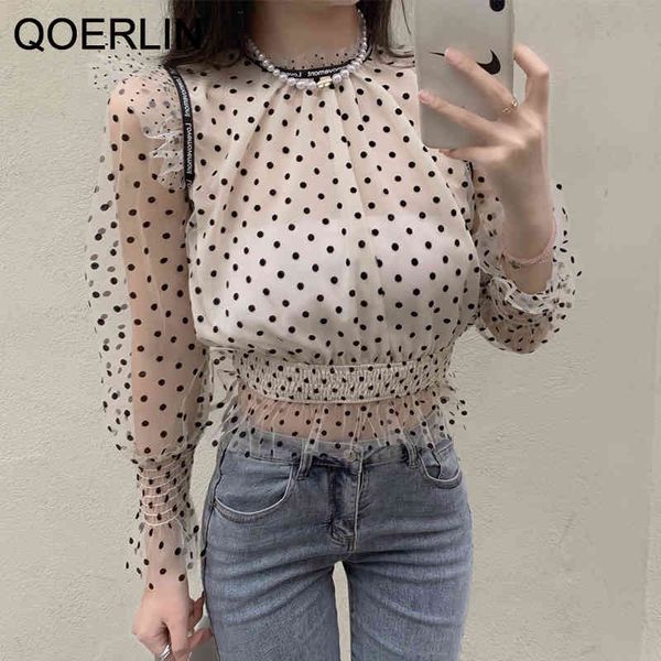 

sweater women perspective dots mesh blouse female ruffle neck pleated ruffles sleeve shirt chic shirts, White;black