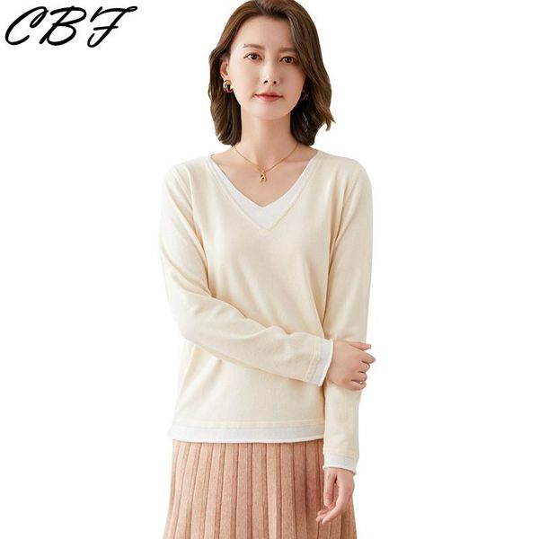 

women's sweaters cbf 2021 knitted cashmere wool blend sweater double v collar soft warmth high-quality fake style pullovers, White;black