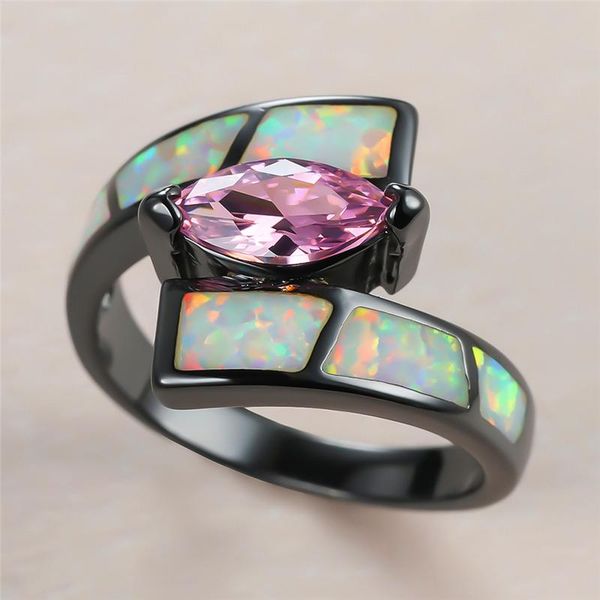 

wedding rings white fire opal ring marquise pink crystal zircon for women jewelry vintage fashion black gold stone promise, Slivery;golden