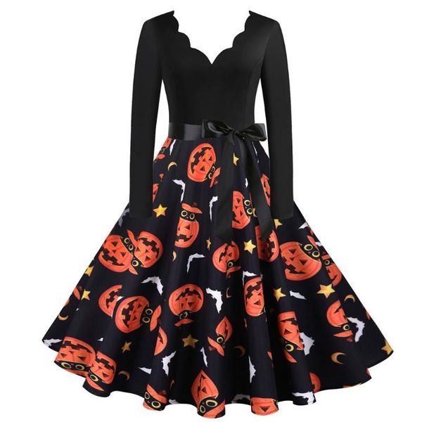 

casual dresses halloween dress for ladies autumn vintage long sleeve patchwork pumpkin print with belt robe femme party prom, Black;gray