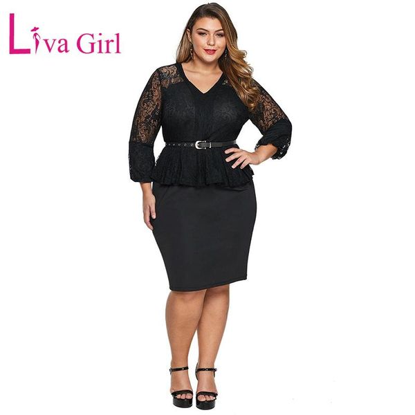 

casual dresses liva girl black/blue plus size women lace peplum dress with belt woman v-neck long sleeve bodice office party midi, Black;gray