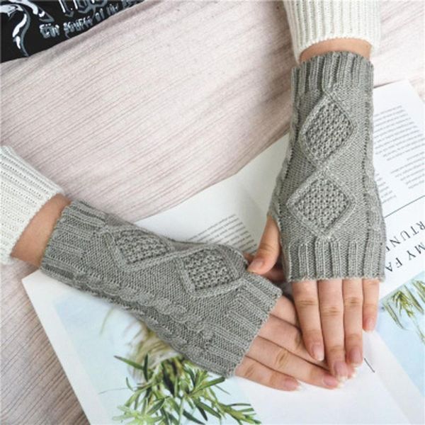 

cycling gloves women short stretch wool crochet knit half finger touch screen mittens female winter warm arm fingerless glove, Black