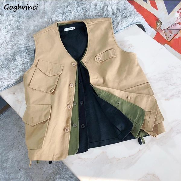 

women's vests women summer cargo solid simple streetwear sleeveless pockets button fashion japanese style cozy female neutral harajuku, Black;white
