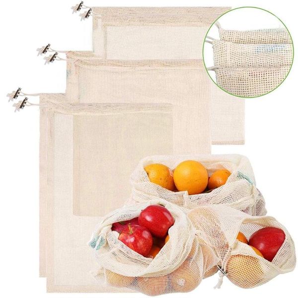 

hanging baskets 6/9/12pcs reusable cotton mesh drawstring washable fruit vegetable bag pouch