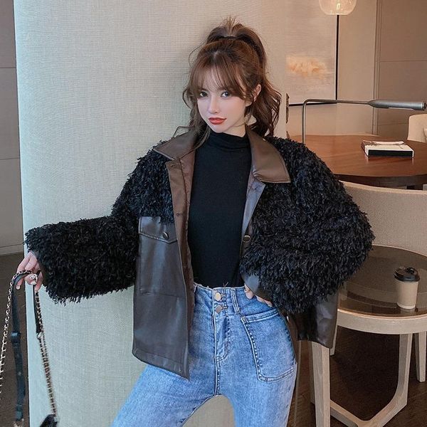 

leather loose jacket women long sleeve black spliced autumn winter hong kong style plaszcz damski jackets ef50wj women's, Black;brown