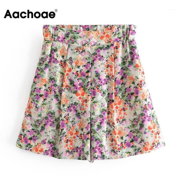 

women's shorts aachoae summer 2021 women vinatge floral printed casual high elastic waist bottoms female pockets mujer pantalones, White;black
