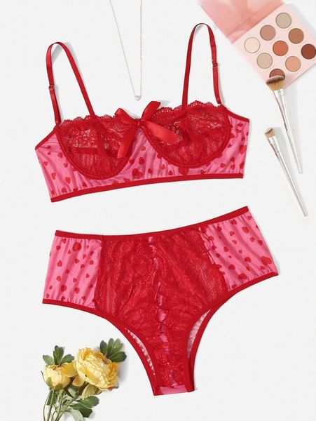 

plus heart print contrast lace lingerie set l0th#, Black;white