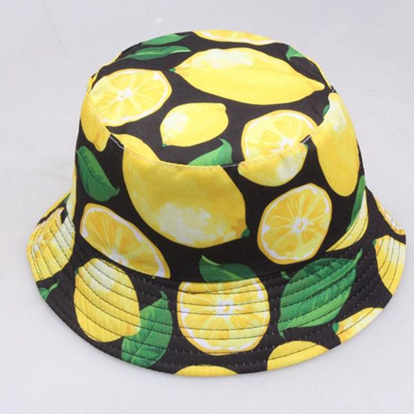 

wide brim hats bucket women men reversible fruit pinapple lemon print fisherman hat casual hip hop cap round sun protection, Blue;gray