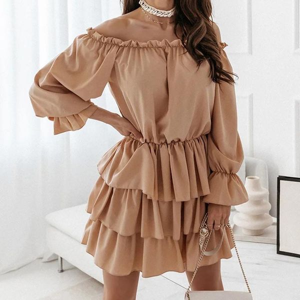 

casual dresses autumn dress woman cascading ruffle slash neck long sleeve for women 2021 butterfly solid mini ladies, Black;gray