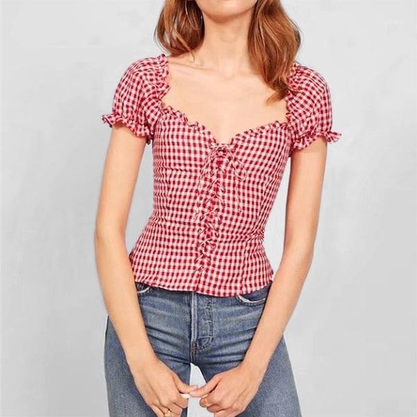 

women's blouses & shirts summer women square neck lace up corset blouse vintage ruffle dged and puff sleeve crop, White