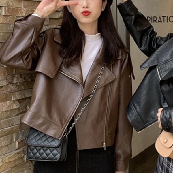 

zipper korean style women's leather jackets outerwear autumn winteroversize faux short 210513, Black