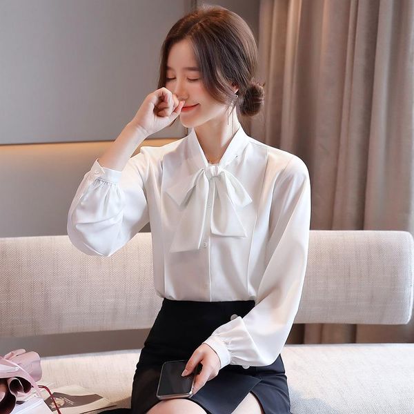 

women's knits & tees chiffon bow shirt women 2021 spring and autumn design sense niche light familiar professional temperament, White