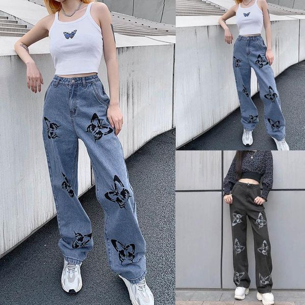 

yoga outfit butterfly print harajuku fashion jeans women's street casual loose straight high waist mom denim oversized