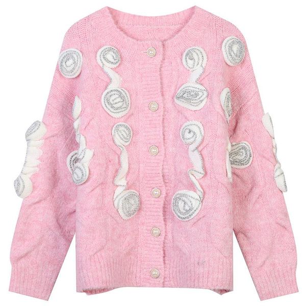 

women's knits & tees 2021 winter round neck long sleeve contrast color flower embroidery beads loose temperament knitted cardigan thick, White