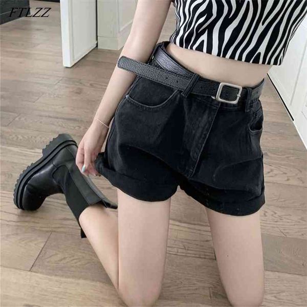 

women vintage streetwear solid color black denim shorts with belt casual female high waist wide leg blue jeans 210430, White;black