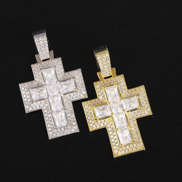 

pendant necklaces hip hop iced out cubic zirconia stones baguette big cross pendants men charm tennis chain jewelry with solid back, Silver