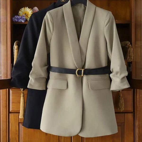 

women's trench coats plus size spring and autumn fashion temperament waist slimming suit jacket mesh skirt two-piece trend, Tan;black