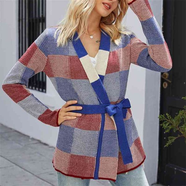

foridol plaid knitted sweater cardigan women vintage autumn winter ladies lace up belt casaul cardigan 210415, White;black