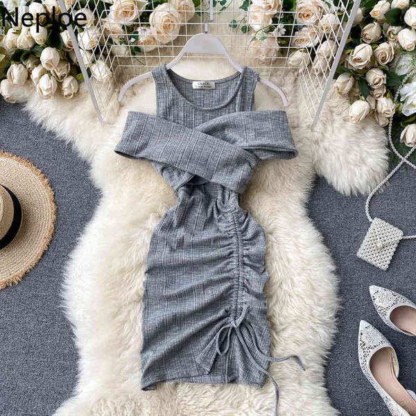 

neploe criss cross dress women fashion o neck pleated drawstring vestidos summer slim waist bodycon dresses 1c740 210423, Black;gray