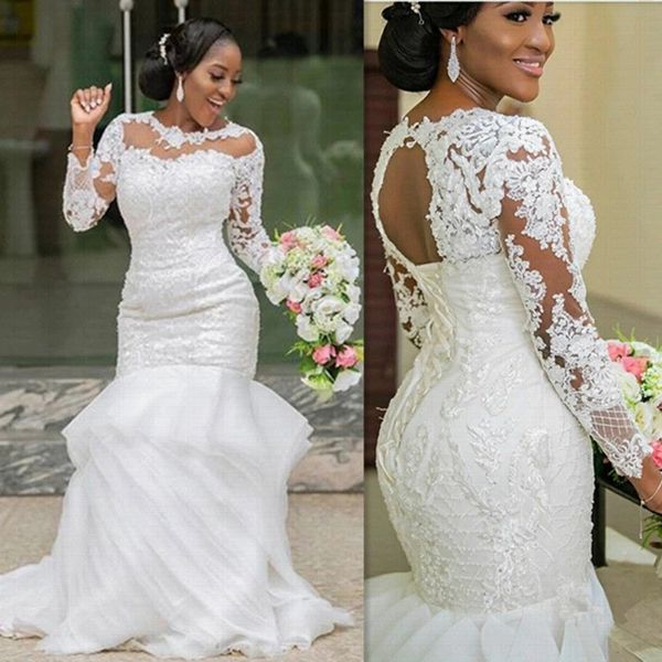 

ruffles mermaid wedding dresses long sleeves bridal gowns custom made, White