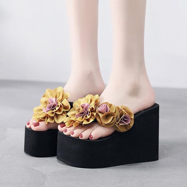 

slippers flower size 41 flip flops wedges platform casual shoes for women heels slides woman summer, Black