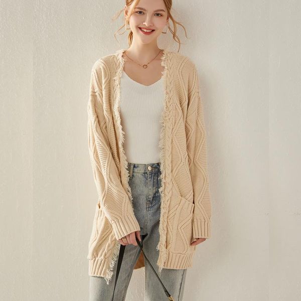 

women's tracksuits knitted cardigan sweater fall / winter 2021 languid medium length with pocket woolen coat cashmere, Gray