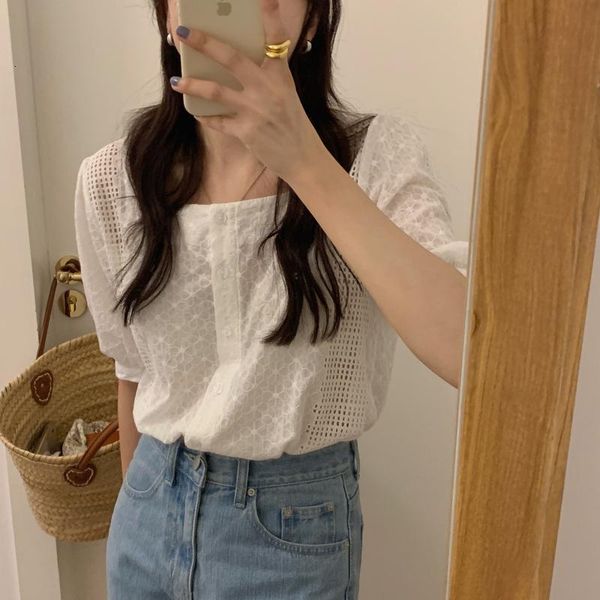 

women's blouses & shirts women summer korean style embroidery shirt hollow crochet single-breasted lantern sleeve white zeax