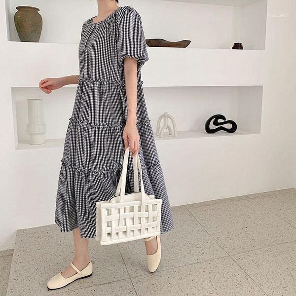 

summer nifty age-reducing korean version of plaid bubble sleeve loose dress1, White