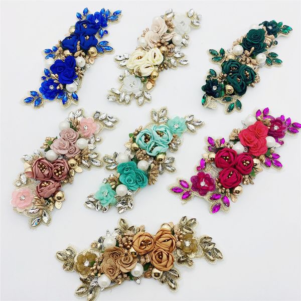 

5pcs handmade 3d flowers sew on applique embroidery rhinestone flower patch for apparel decoration evening dress headband diy craft garment, Black