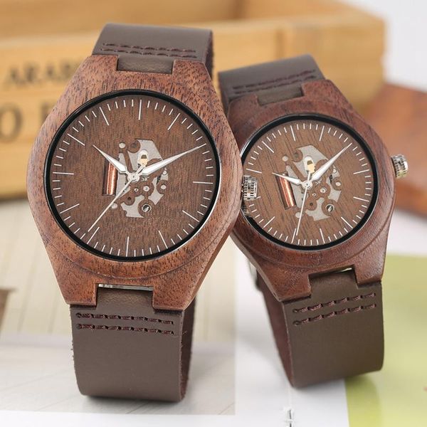 

wristwatches lovers walnut wood watches retro stripe men's skeleton hollow dial clock leather creative wooden wristwatch gifts for coup, Slivery;brown