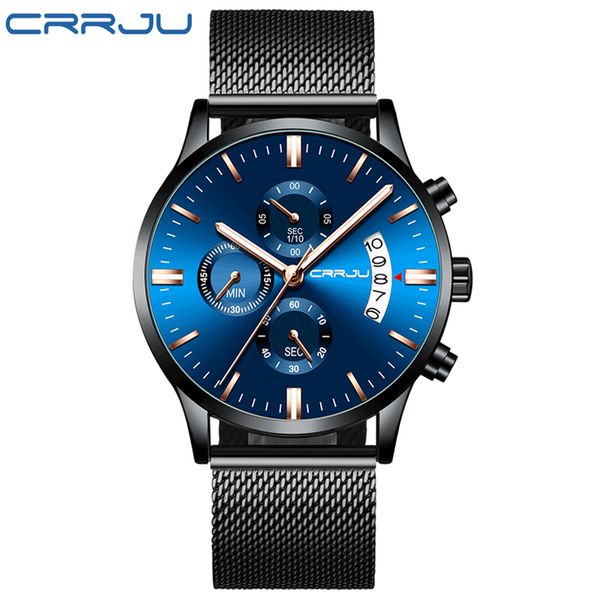 Relogio Masculino Crrju Mens Blue Watches Top Brand Стильная мода наручные часы для мужчин Полный стальной сетчатый пояс Повседневные кварцевые часы 210517