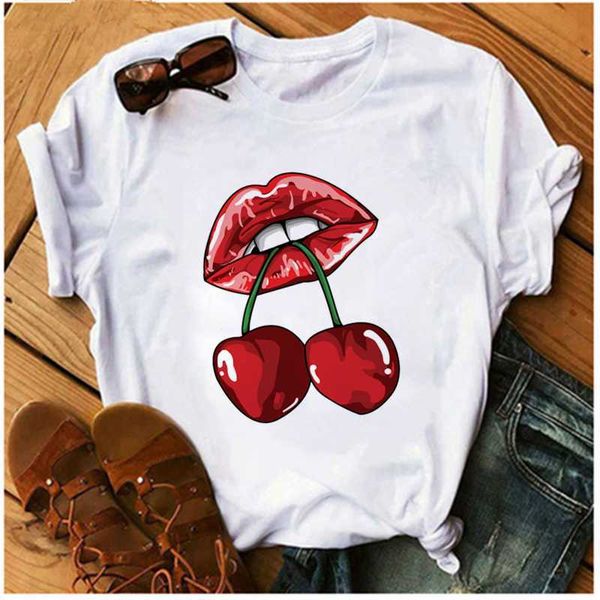 AOWOF Seksi Kırmızı Dudaklar Kiraz Meyve T-Shirt Kadın Baştan Çıkarma Ruj T-Shirt Moda Giyim Harajuku Top Kore Tarzı Kadın X0527