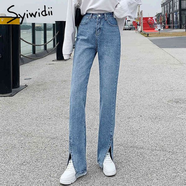 

syiwidii women black flare pants front side slit leg 2021 spring high waisted bell bottom jeans full length denim clothes, Blue