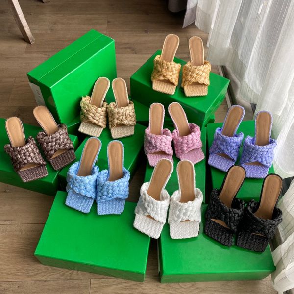 

hand-woven women's slippers, hemp rope square-toe sandals high-heeled flat open-toe flip-flop, Black