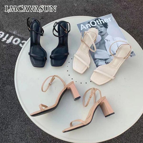 

slippers lmcavasun one-line buckle sandals fairy style 2021 summer thick heel high heels female french square toe shoes, Black