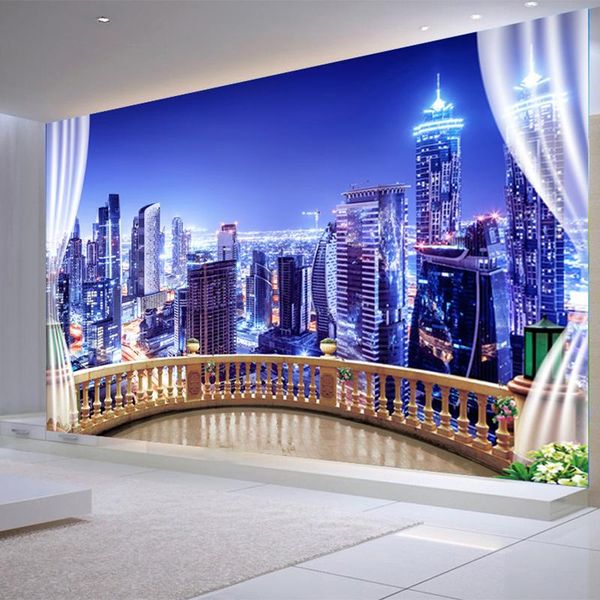 

wallpapers po 3d city building night landscape wall cloth living room tv sofa background home decor mural painting