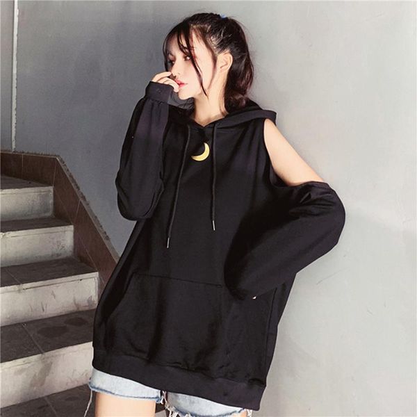 

women's hoodies & sweatshirts 2021 spring autumn goth hooded moon print harajuku loose women gothic pullover off shoulder female sweats, Black
