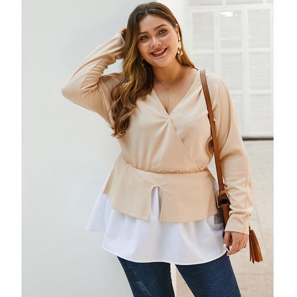 

plus size t-shirt gxds european and american fashion stitching women's 2021 spring autumn temperament long-sleeve v-neck top, Black