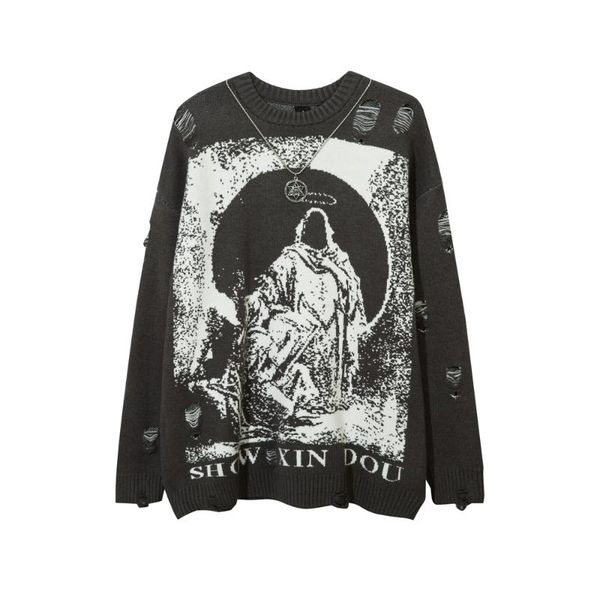 

men's sweaters winter fashion frayed men oversized streetwear goth long sleeve knitted pullovers y2k sweater harajuku clothing, White;black