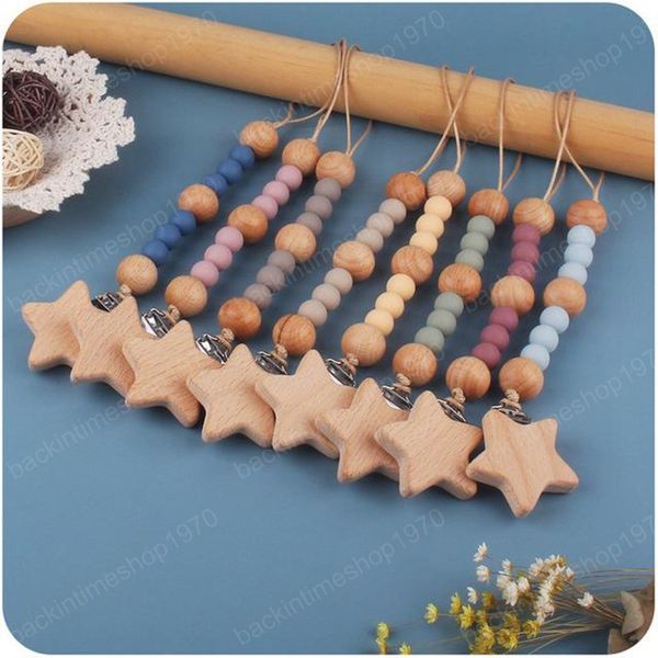 

silicon bead pacifier chain holders with star wooden clips prevent falling baby feeding accessories original design infant gift toys