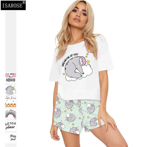 ISAROSE Indumenti da notte da donna Pantaloncini animali da cartone animato carino Pigiama Set Estate O Collo Maniche corte Ragazza Pigiama morbido da casa Pigiama traspirante 210422