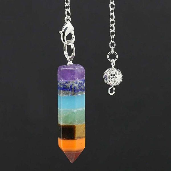 

pendant necklaces 7 chakra stacked layered rainbow healing heart crystal dowsing divination pendulums hexagon point stones jewelry, Silver