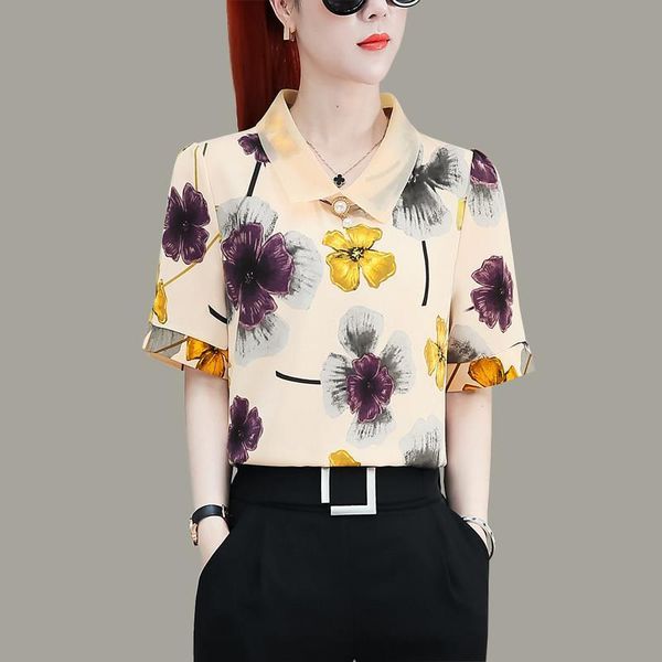 

women's blouses & shirts printed summer office blouse women fashion short sleeve chiffon shirt korean simple female plus size 4xl, White