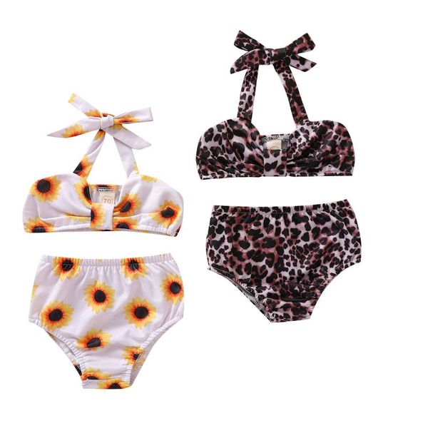 

toddler infant baby girl swimsuit 2pcs bikini set leopard sunflower tankinis swimwear bathing suit 2021 summer beachwear for kid one-pieces, Black