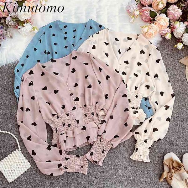 

kimutomo heart print chiffon shirt girls french style v-neck puff sleeve slim waist blouse female fungus ruffles elegant 210521, White