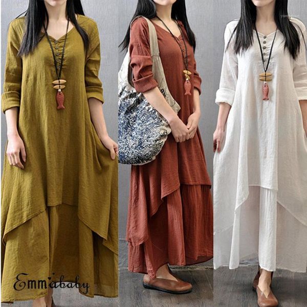 

vintage cotton linen v neck ladies outwear dress casual summer women large size white long sleeve a-line dresses, Black;gray